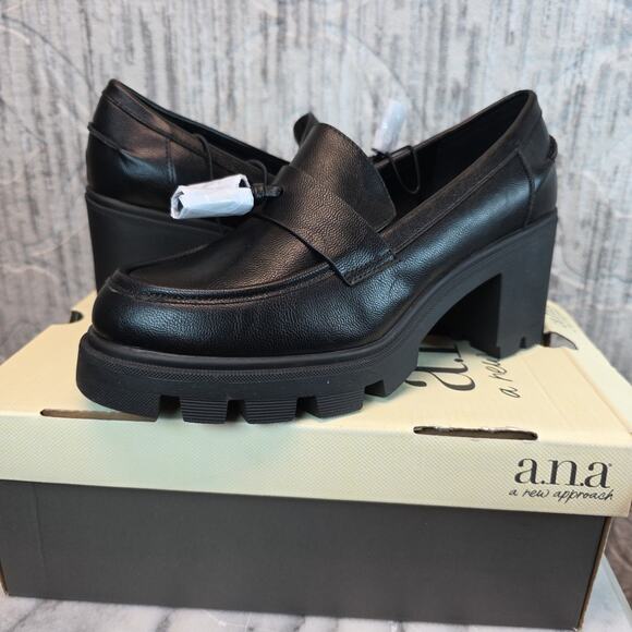 a.n.a ANA Penny Loafers Black Chunky Block Heel A New Approach Women Sz 7M NEW - Picture 1 of 7